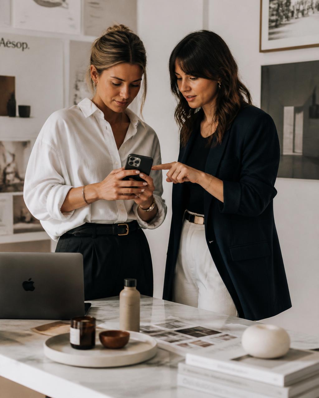 Two strategists collaborating on social media content in the Orive studio